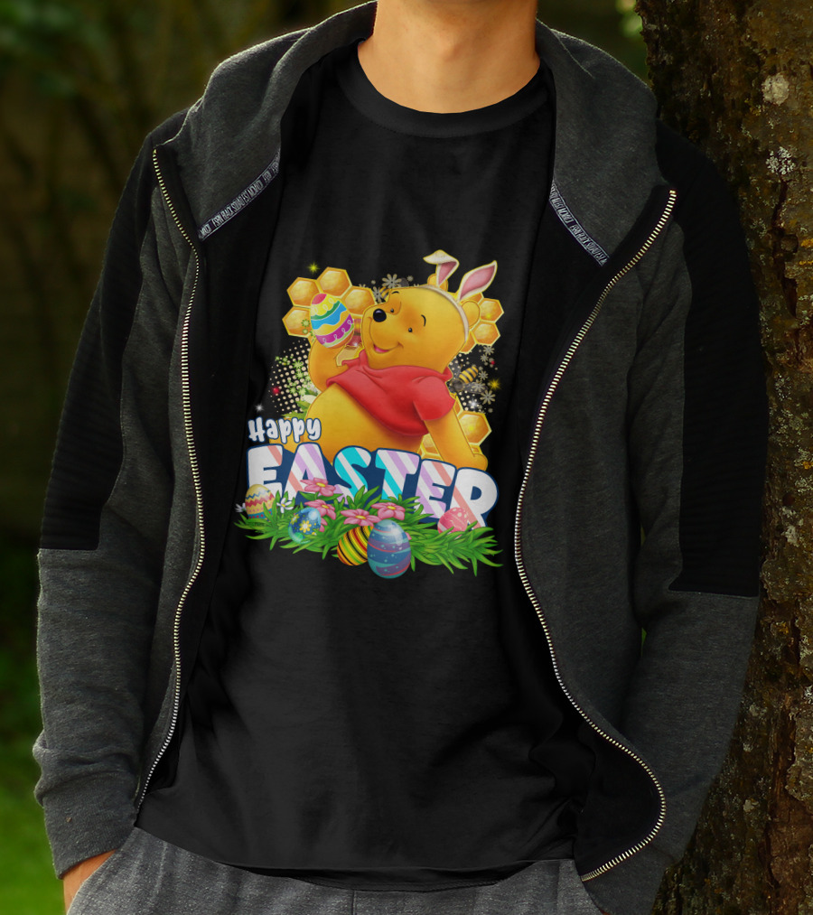 Pooh Happy Easter With Eggs And Honeycomb Background T-Shirt