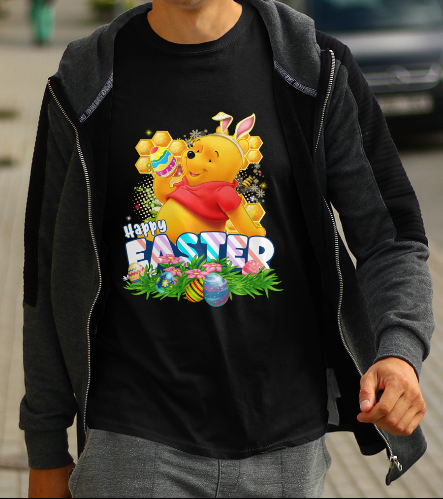 Pooh Happy Easter With Eggs And Honeycomb Background T-Shirt