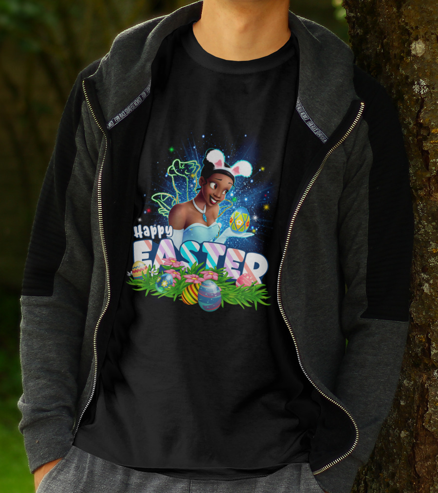 Tiana Happy Easter Bunny Ears Sparkling Eggs And Flowers T-Shirt
