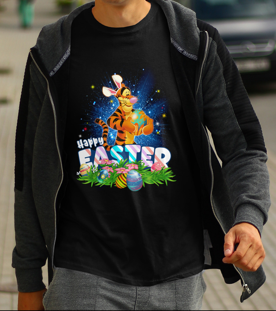 Tigger Happy Easter With Colorful Eggs And Flowers T-Shirt
