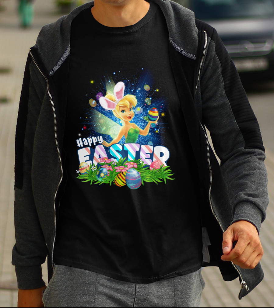 Happy Easter Tinkerbell With Bunny Ears And Colorful Eggs T-Shirt