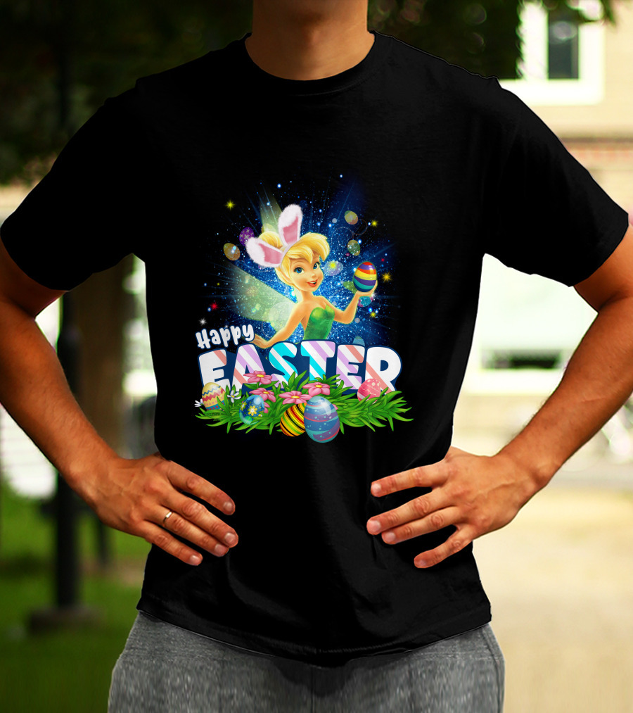 Happy Easter Tinkerbell With Bunny Ears And Colorful Eggs T-Shirt