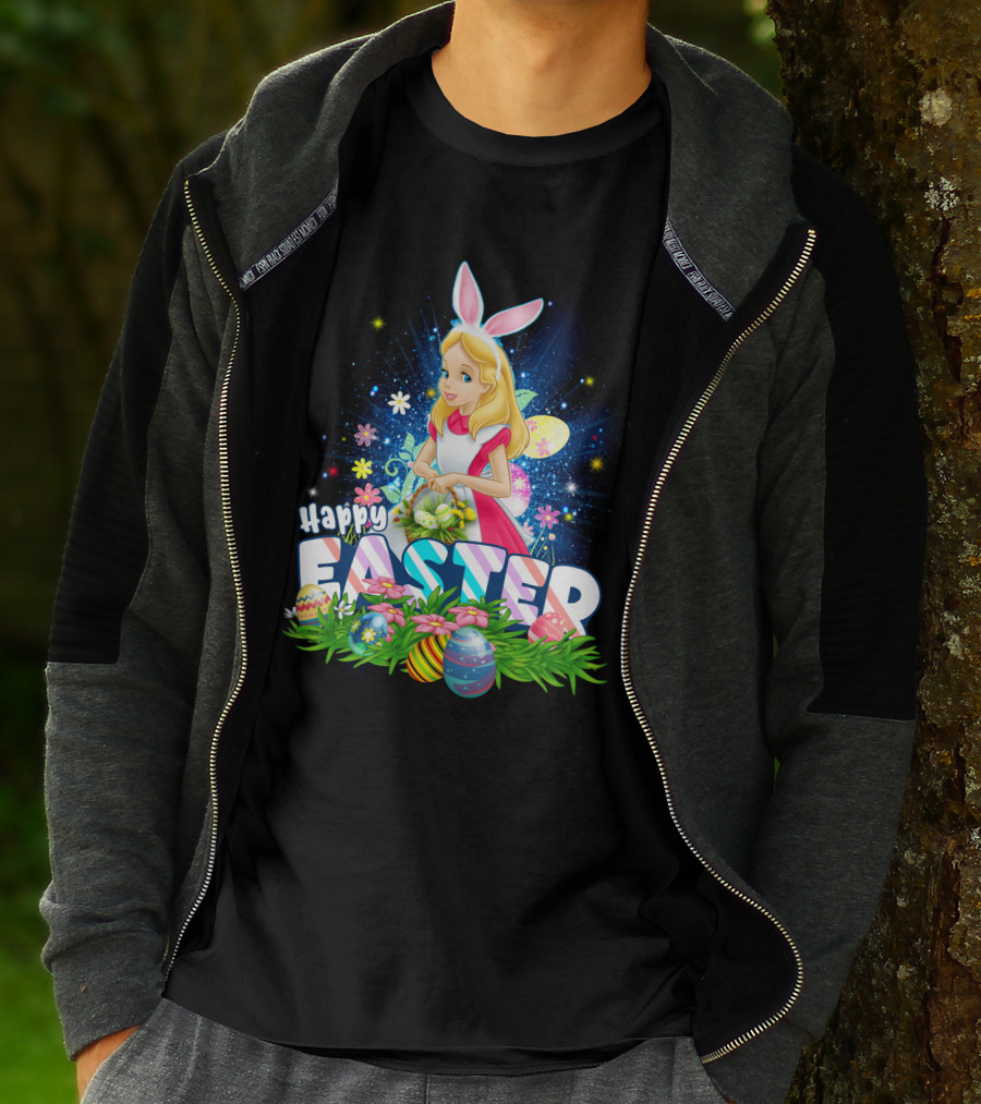 Alice Happy Easter Bunny Ears With Colorful Eggs And Flowers T-Shirt