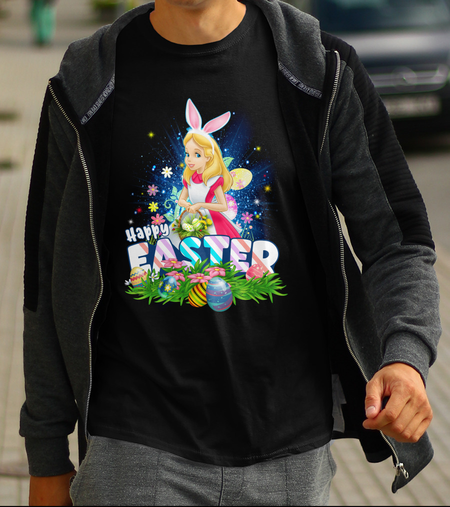 Alice Happy Easter Bunny Ears With Colorful Eggs And Flowers T-Shirt