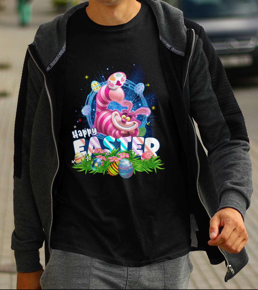 Cheshire Cat Happy Easter Eggs And Flowers T-Shirt