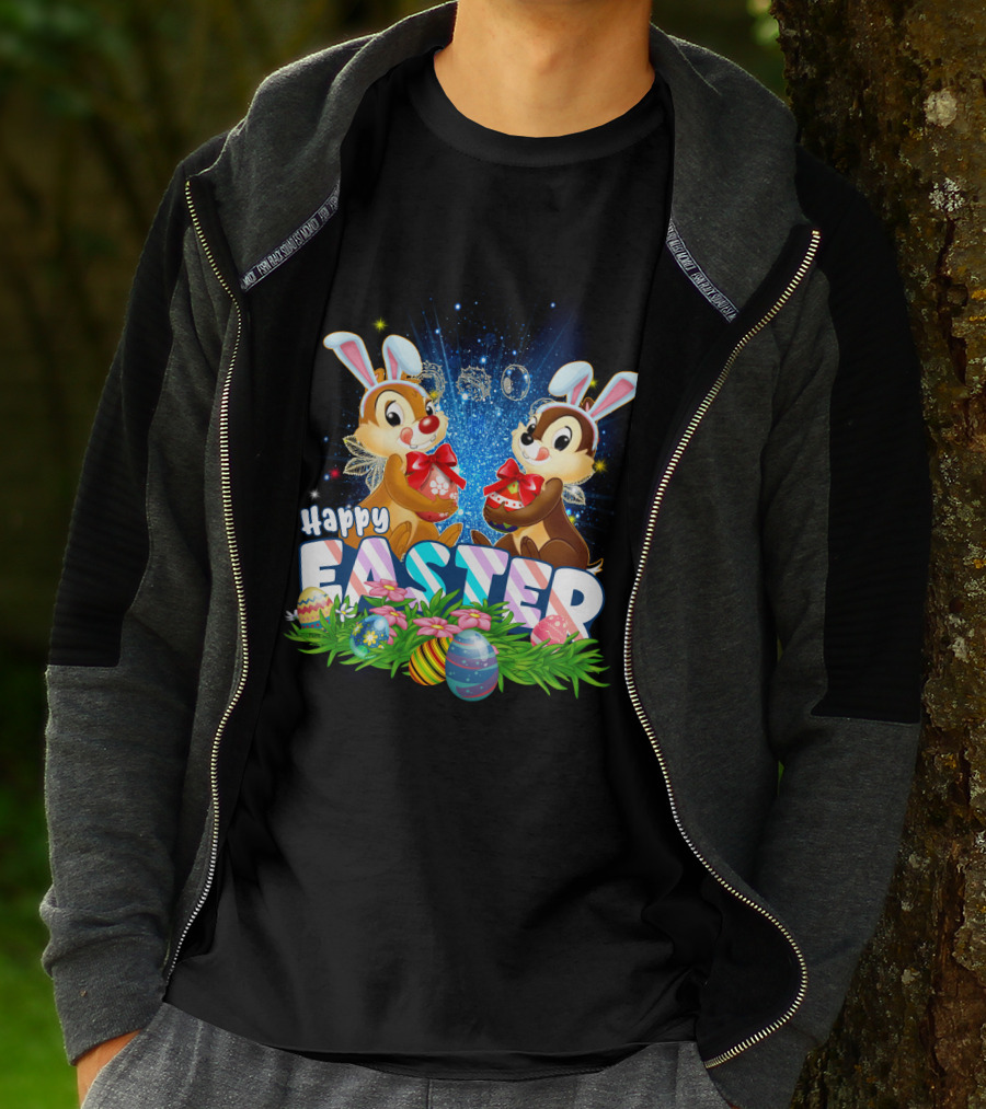 Chip Dale Happy Easter With Bunny Ears And Colorful Eggs T-Shirt