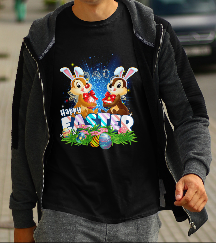Chip Dale Happy Easter With Bunny Ears And Colorful Eggs T-Shirt