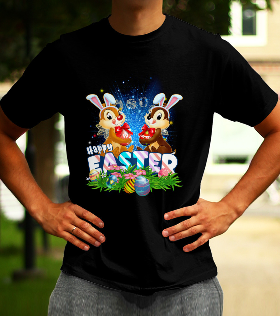 Chip Dale Happy Easter With Bunny Ears And Colorful Eggs T-Shirt