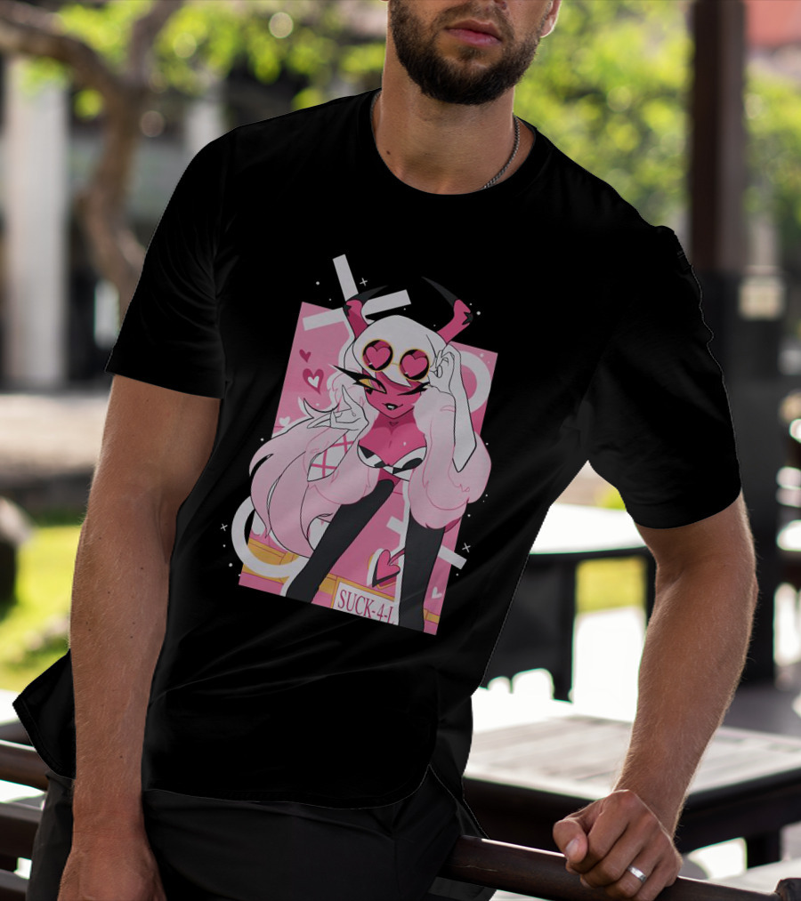 Helluva Boss Mrs Mayberry Suck-4-L<3 Hearts Pink And White Demon Character T-Shirt