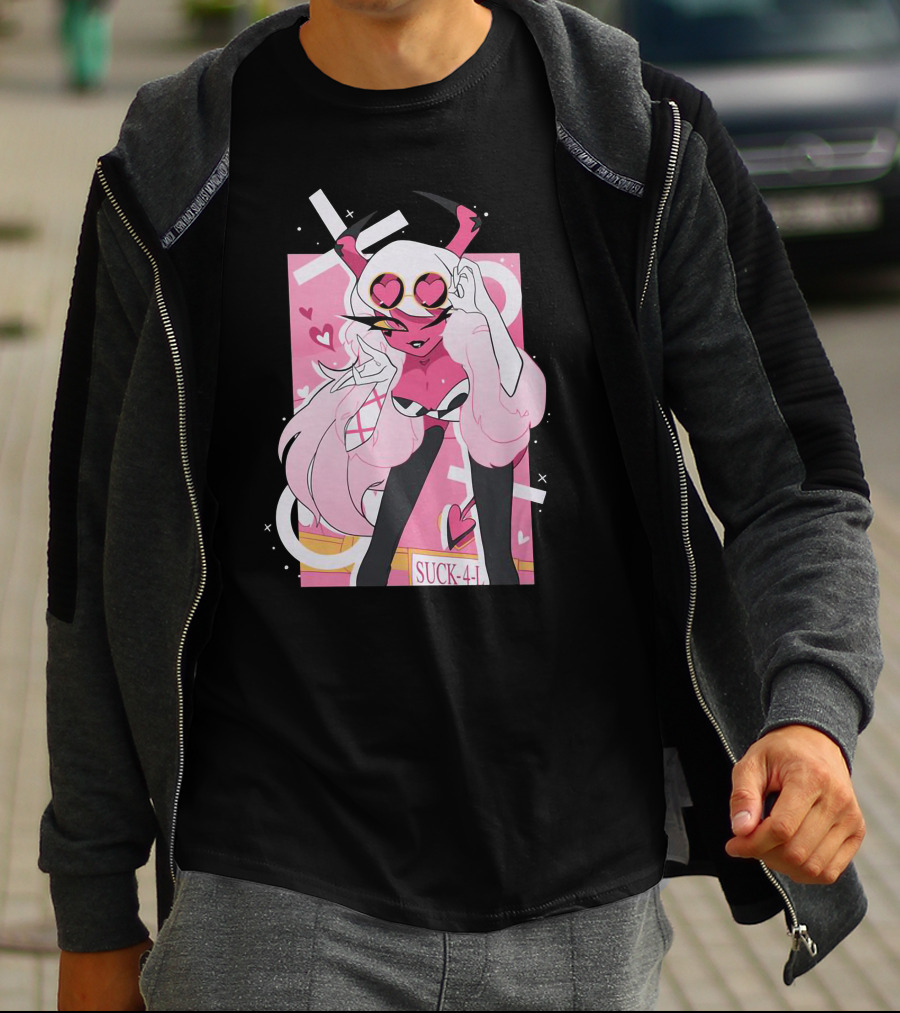 Helluva Boss Mrs Mayberry Suck-4-L<3 Hearts Pink And White Demon Character T-Shirt