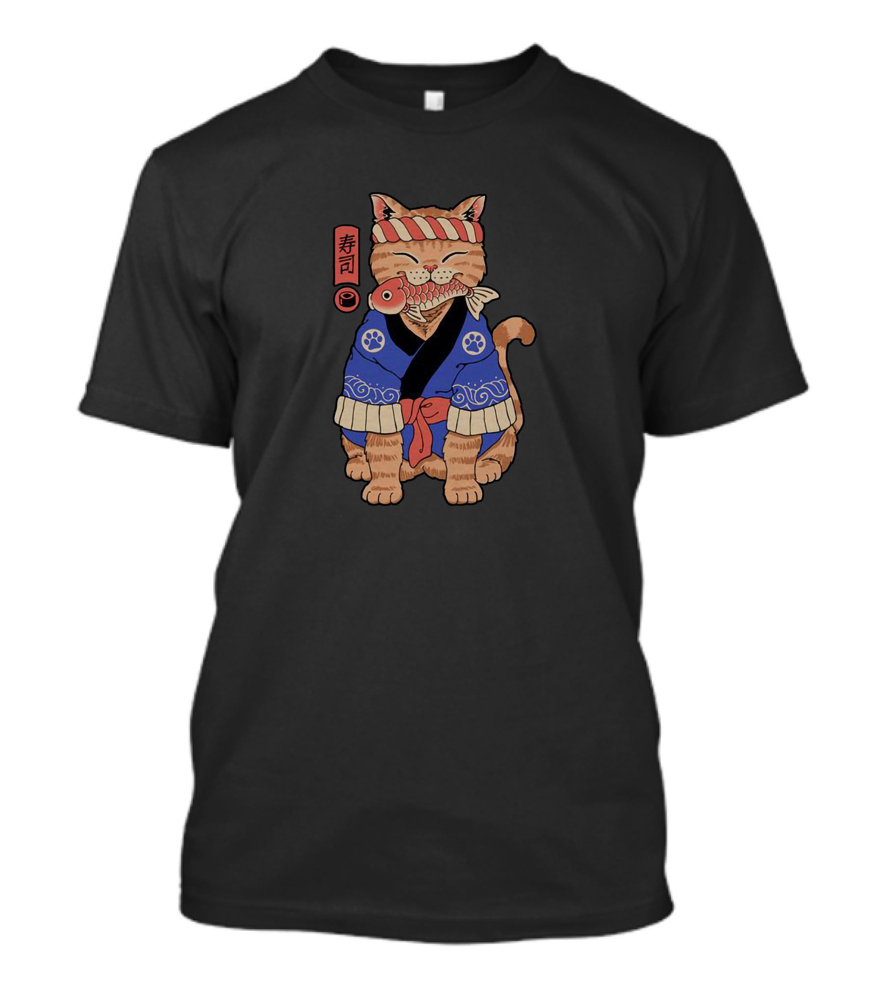 Sushi Cat In Traditional Japanese Outfit With Fish And Kanji T-Shirt