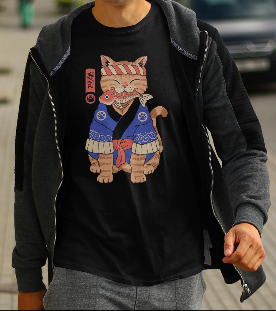 Sushi Cat In Traditional Japanese Outfit With Fish And Kanji T-Shirt