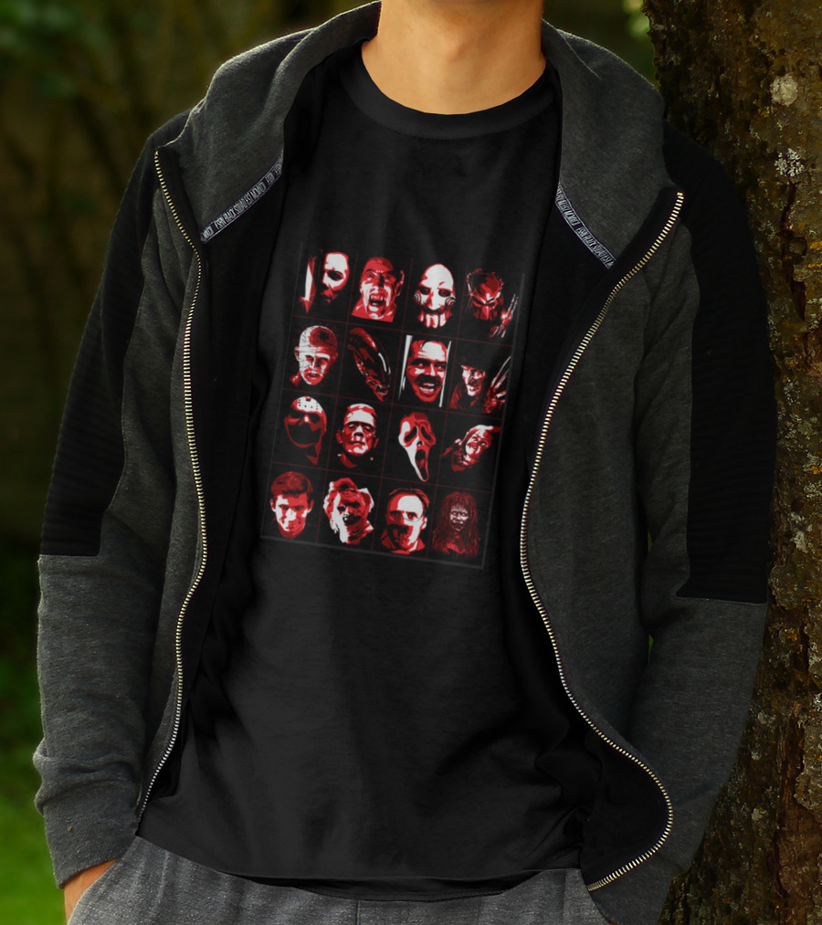 Halloween Horror Icons Collage Featuring Masked Faces And Grinning Villains T-Shirt