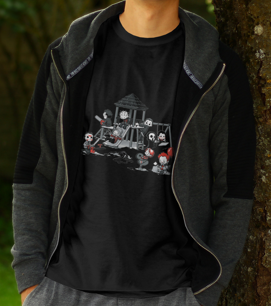 Playground Of Horror Characters In Creepy Swing Set Scene T-Shirt