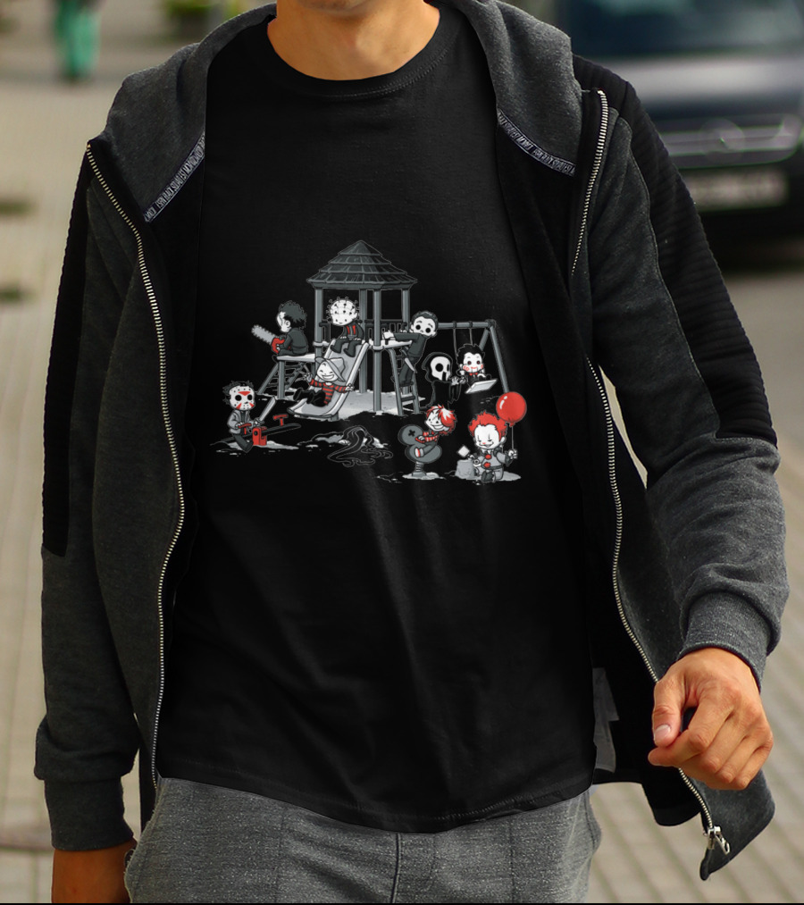 Playground Of Horror Characters In Creepy Swing Set Scene T-Shirt