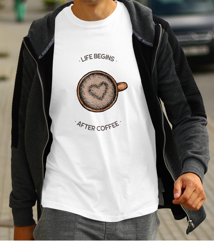 Life Begins After Coffee Heart Latte Cup T-Shirt