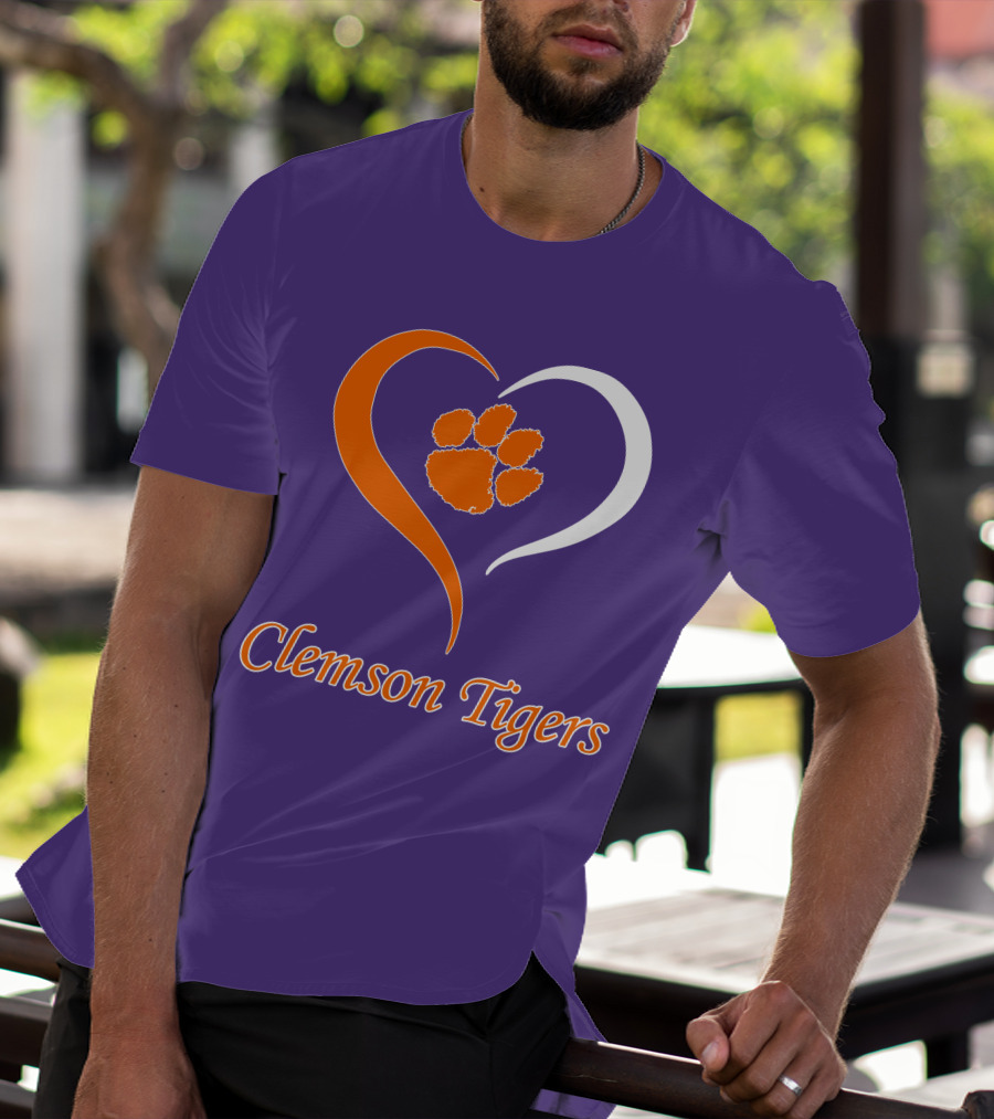 Clemson Tigers Heart Paw Print Purple And Orange T-Shirt