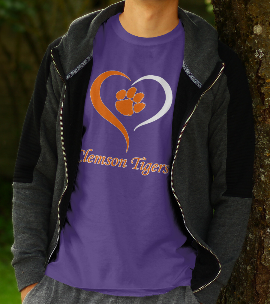 Clemson Tigers Heart Paw Print Purple And Orange T-Shirt