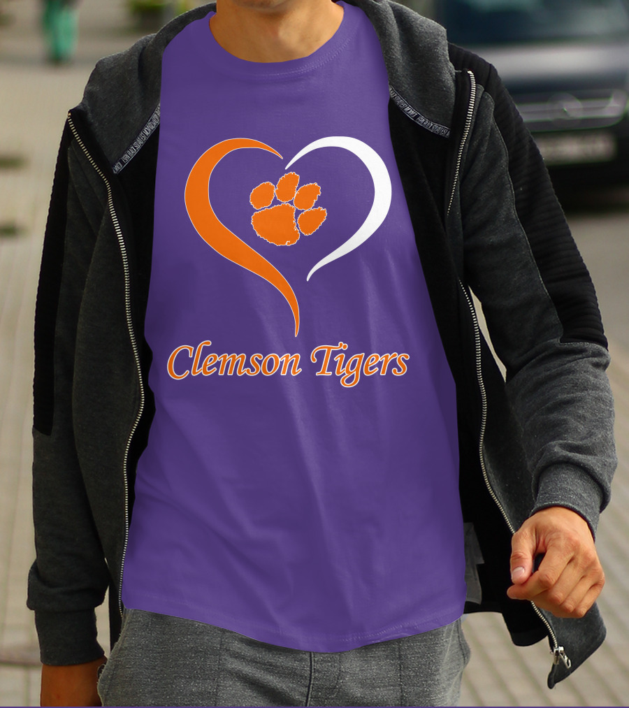 Clemson Tigers Heart Paw Print Purple And Orange T-Shirt