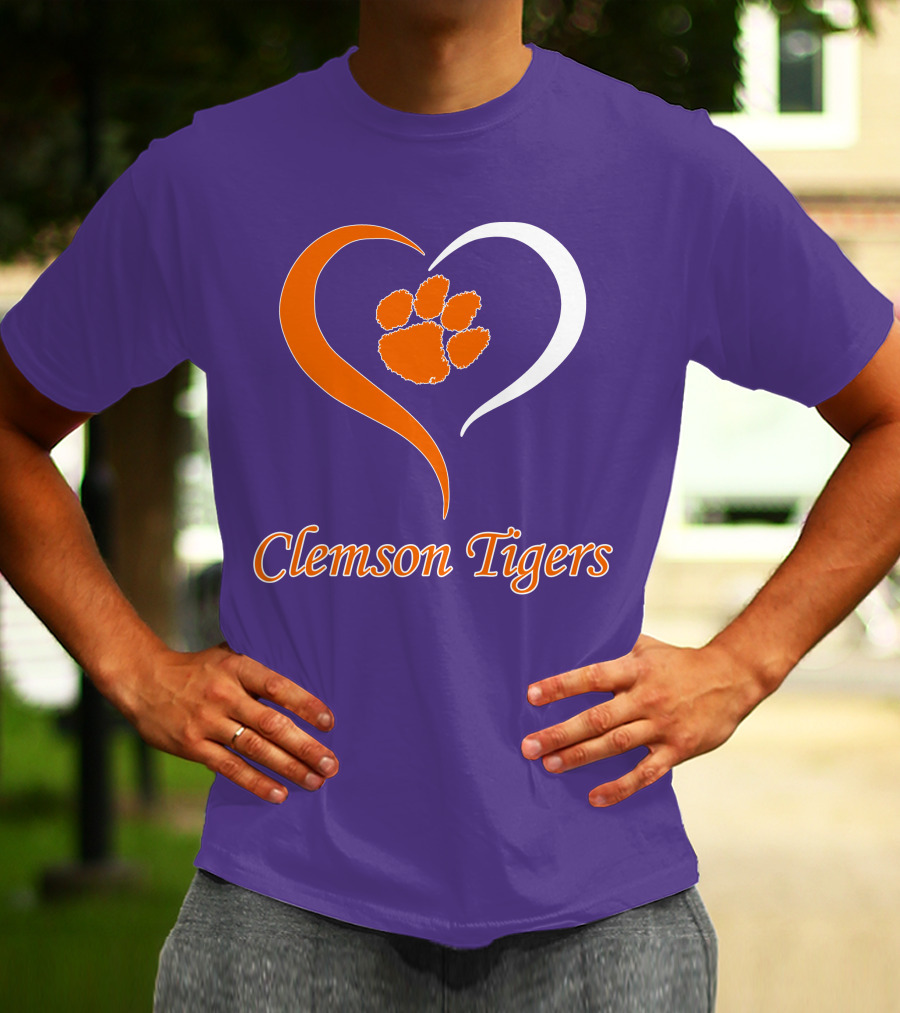 Clemson Tigers Heart Paw Print Purple And Orange T-Shirt