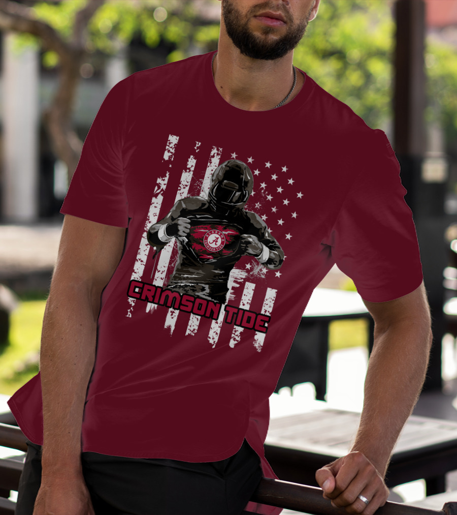 Alabama Crimson Tide Superhero American Flag Football Fan T-Shirt