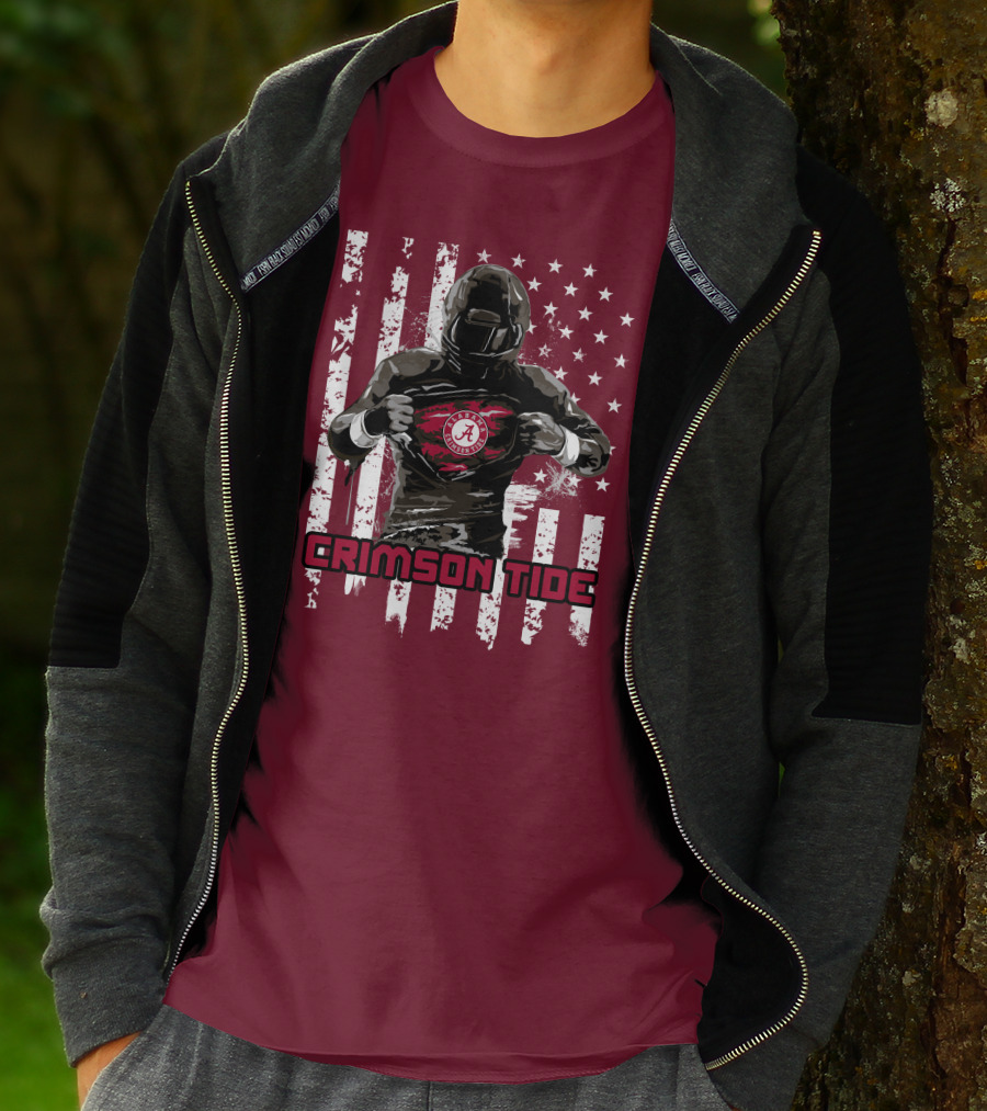 Alabama Crimson Tide Superhero American Flag Football Fan T-Shirt