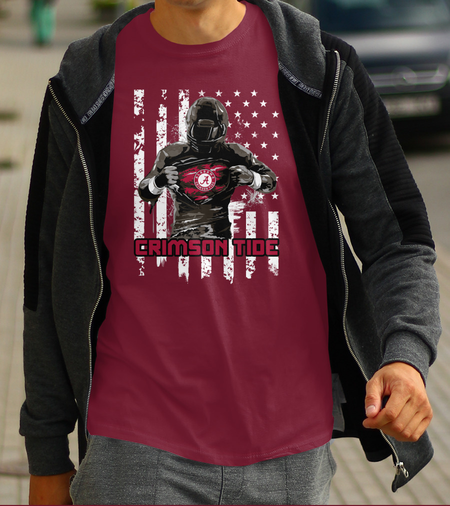 Alabama Crimson Tide Superhero American Flag Football Fan T-Shirt