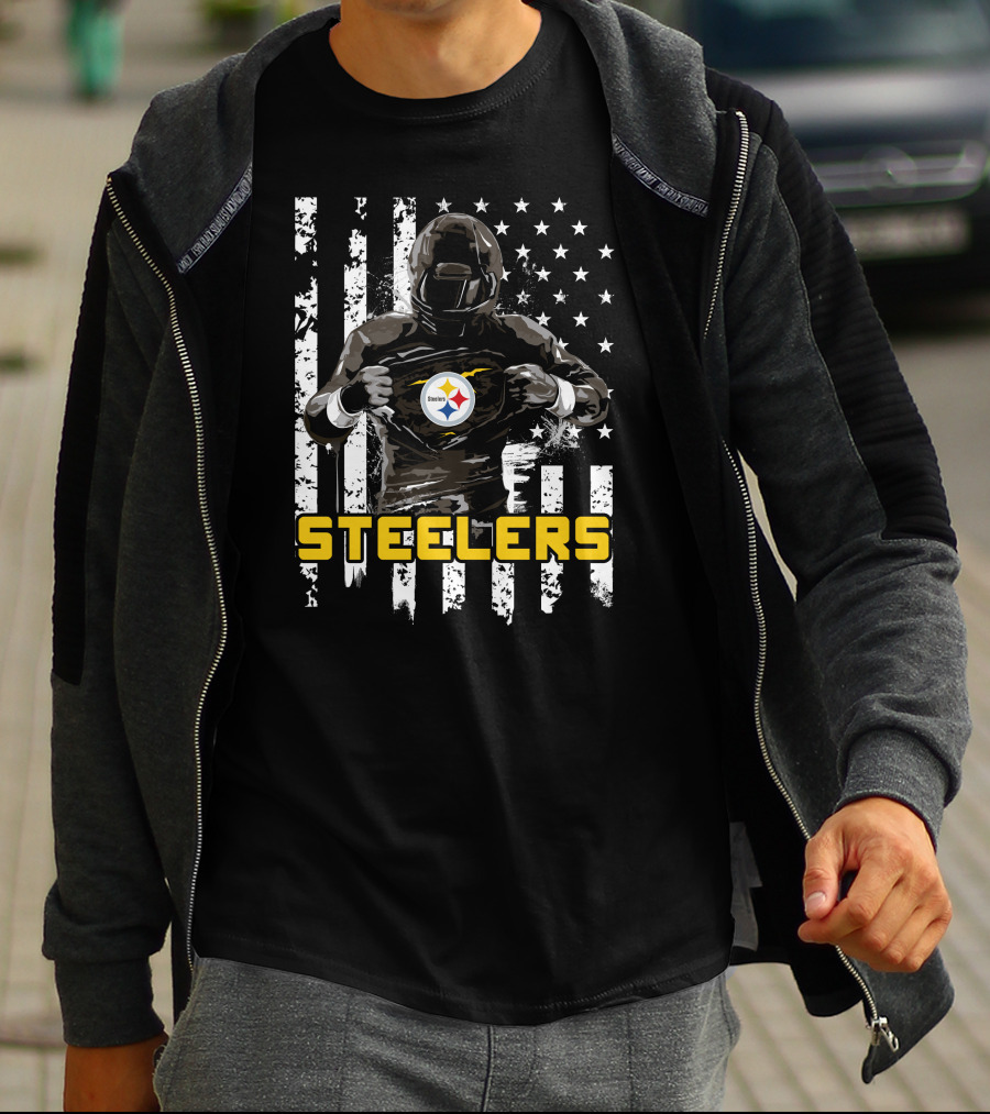 Steelers Player Emblazoned Over Distressed American Flag Iconic T-Shirt