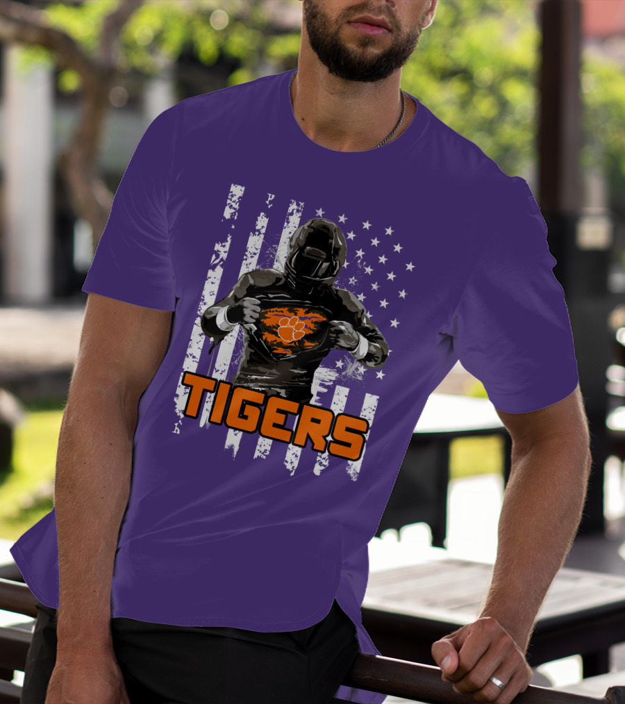 Tigers Player With Paw Logo And Flag Background T-Shirt