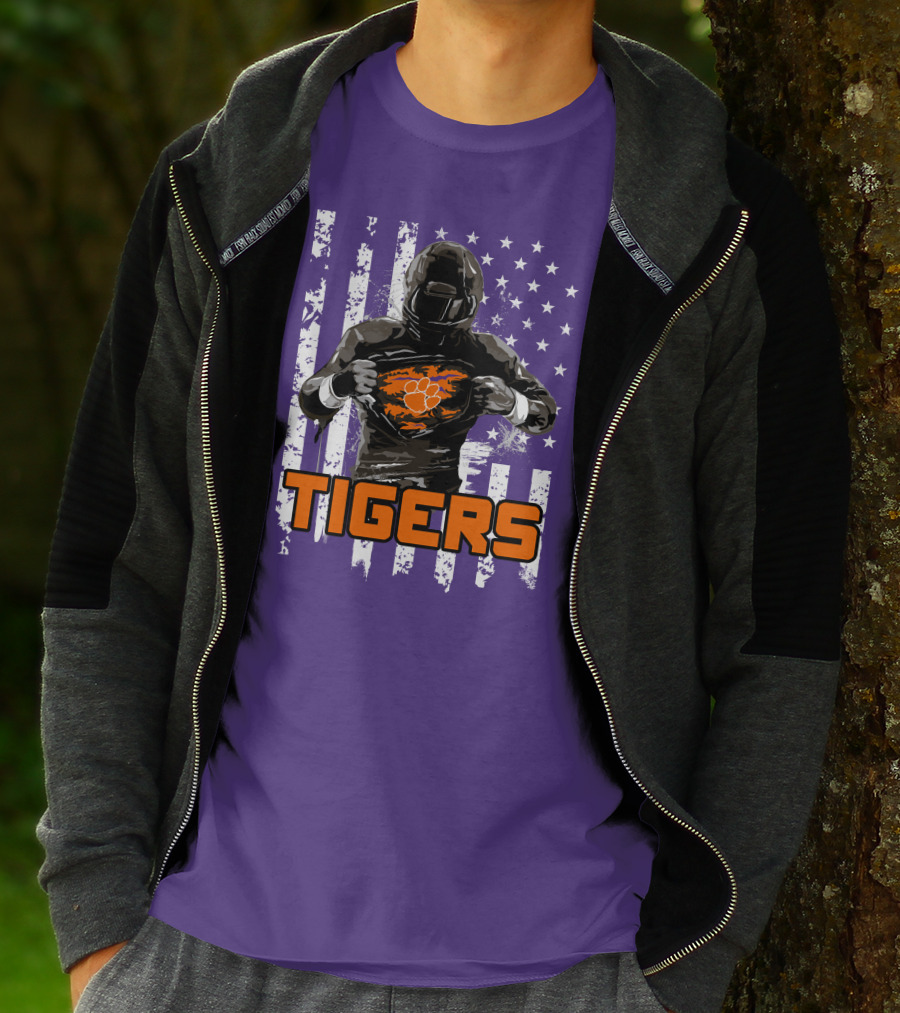 Tigers Player With Paw Logo And Flag Background T-Shirt