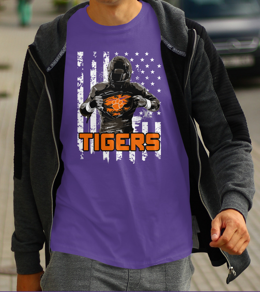 Tigers Player With Paw Logo And Flag Background T-Shirt