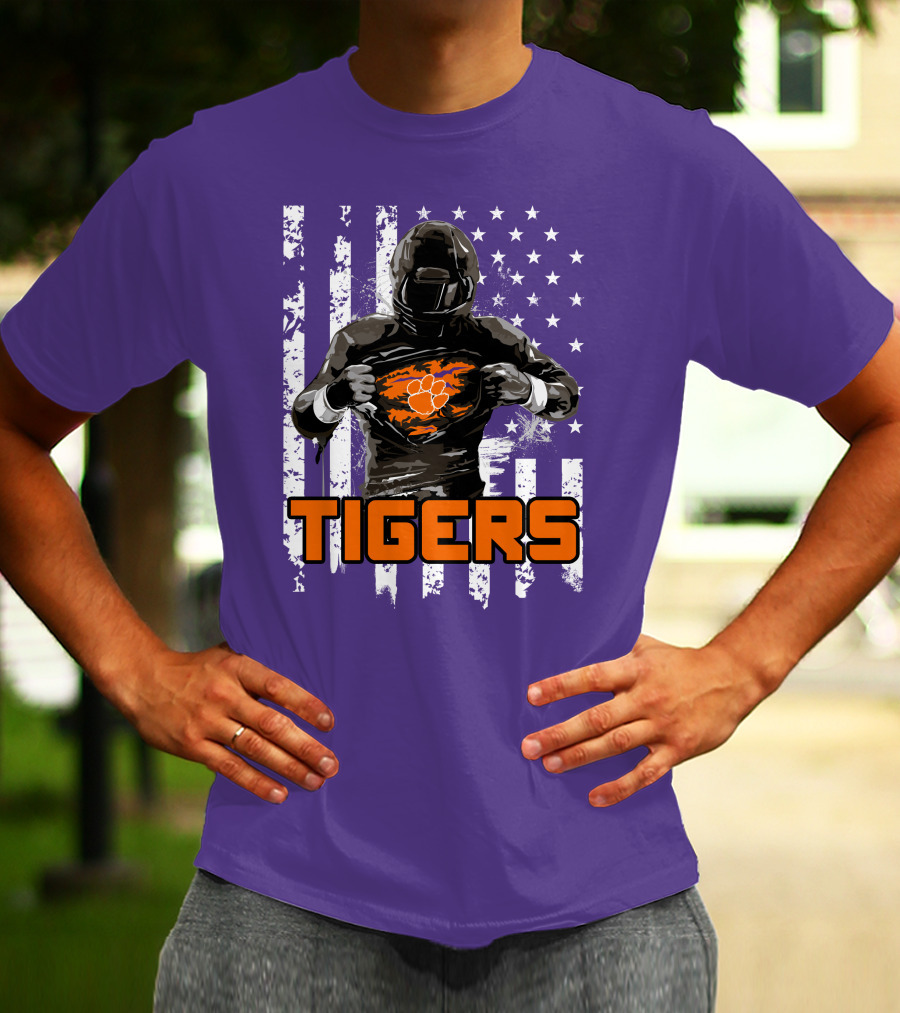 Tigers Player With Paw Logo And Flag Background T-Shirt