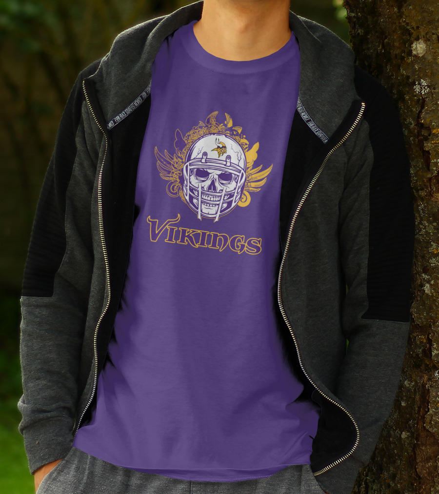 Vikings Skull Helmet With Purple And Yellow Wings T-Shirt