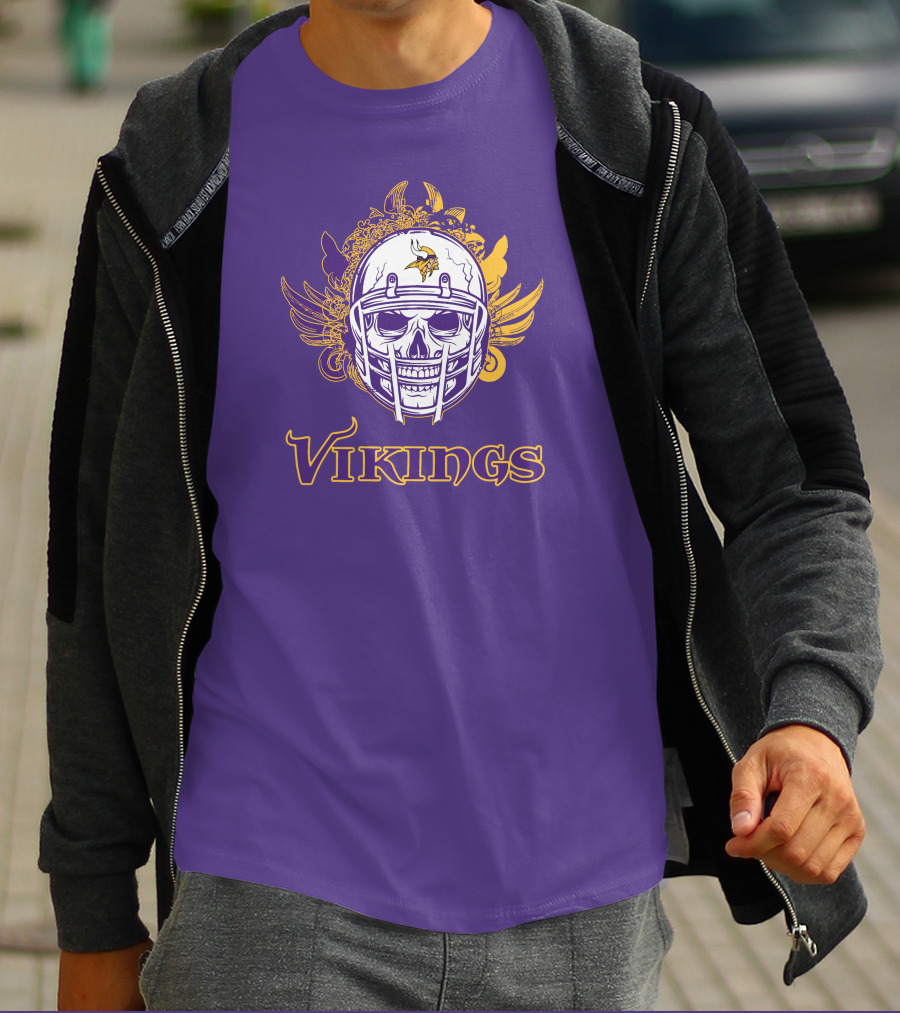 Vikings Skull Helmet With Purple And Yellow Wings T-Shirt