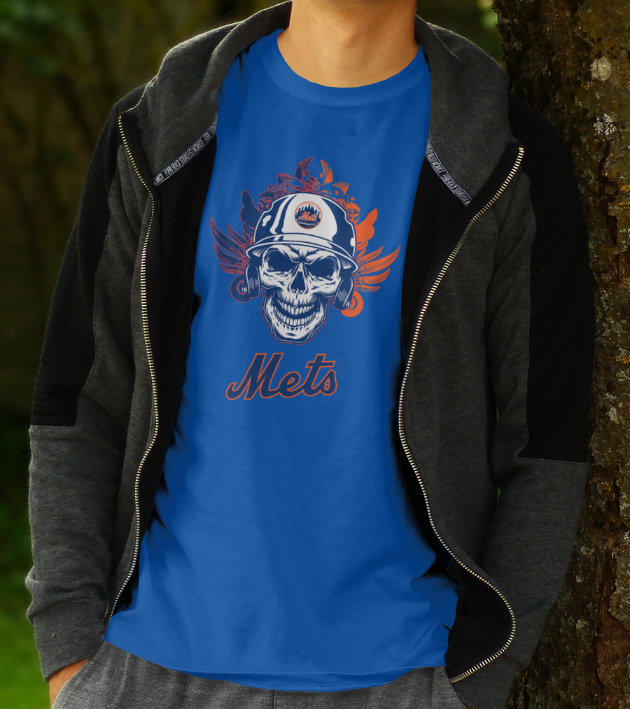 New York Mets Skull Helmet Logo With Wings T-Shirt