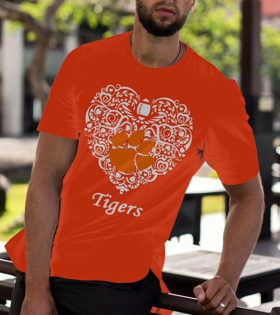 Heart-Shaped Design With Clemson Tigers Paw And Football Elements T-Shirt