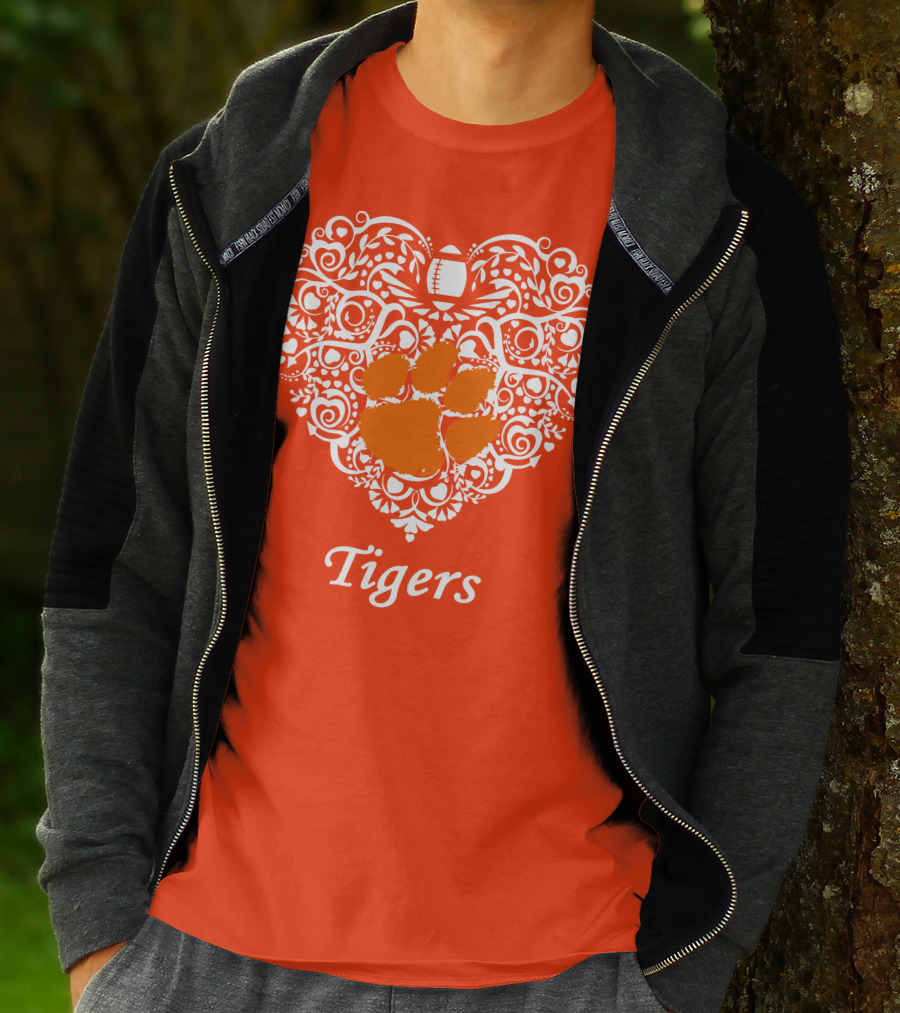 Heart-Shaped Design With Clemson Tigers Paw And Football Elements T-Shirt