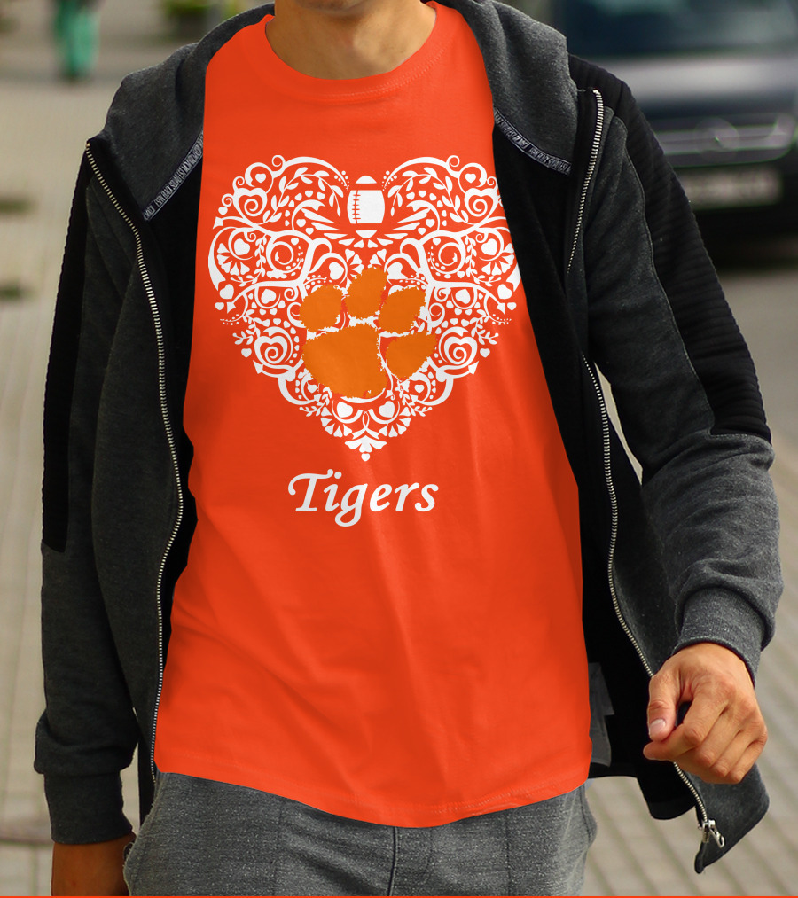 Heart-Shaped Design With Clemson Tigers Paw And Football Elements T-Shirt