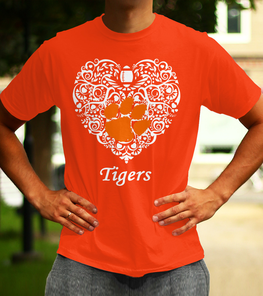 Heart-Shaped Design With Clemson Tigers Paw And Football Elements T-Shirt