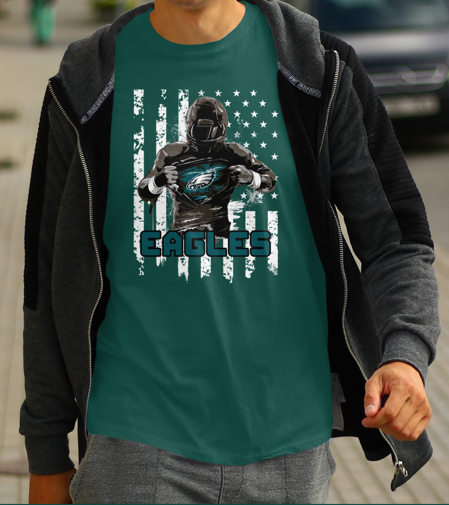 Philadelphia Eagles Football Hero With American Flag Background T-Shirt