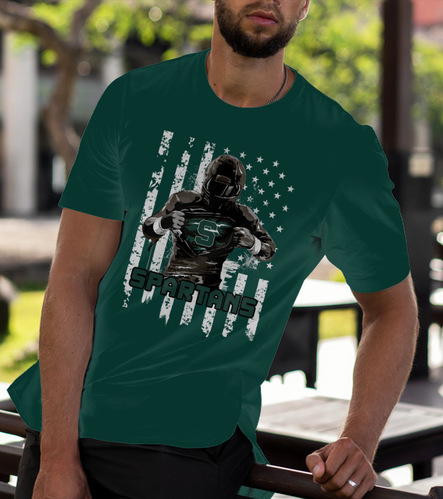 Spartans Player With S Emblem And American Flag Background T-Shirt
