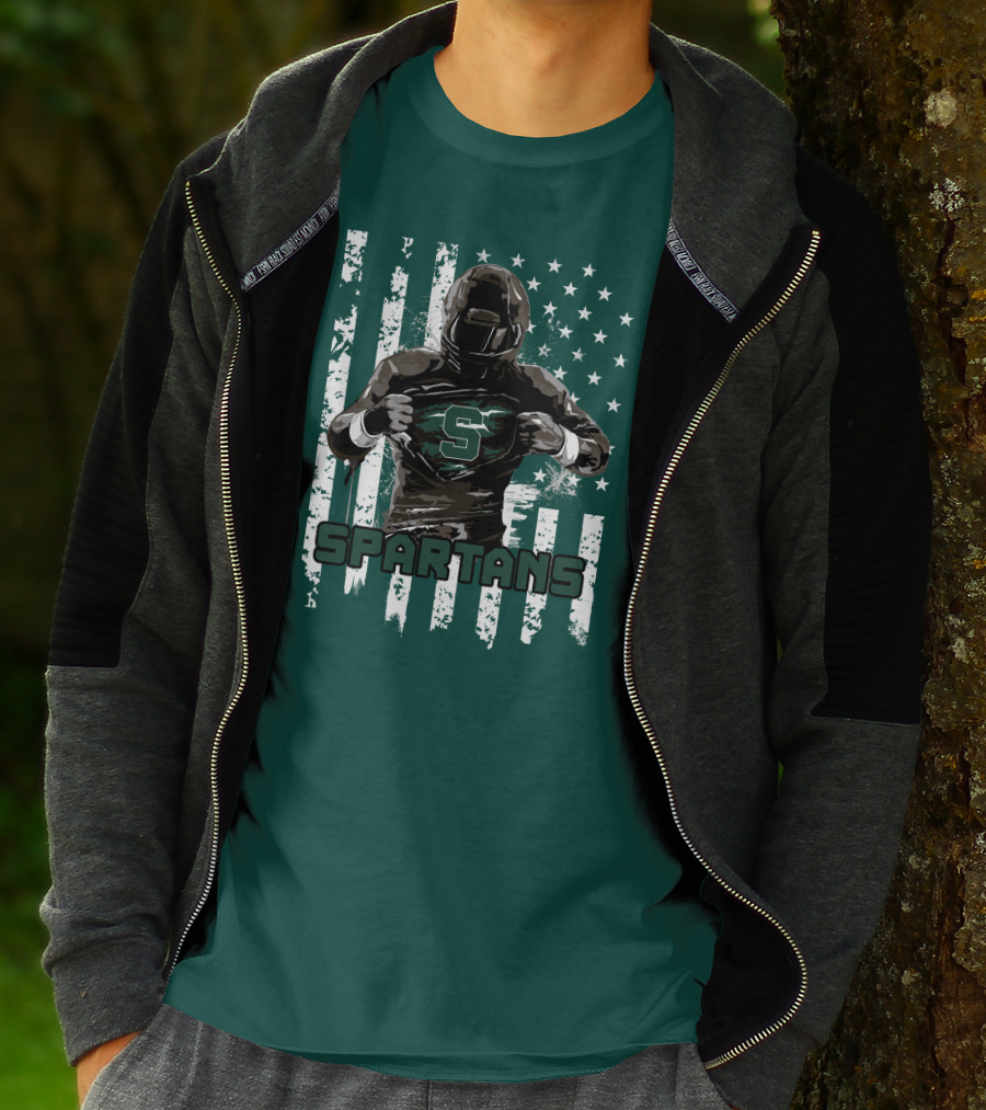 Spartans Player With S Emblem And American Flag Background T-Shirt