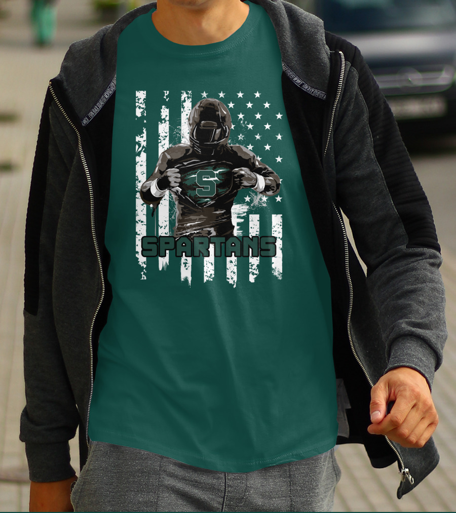Spartans Player With S Emblem And American Flag Background T-Shirt