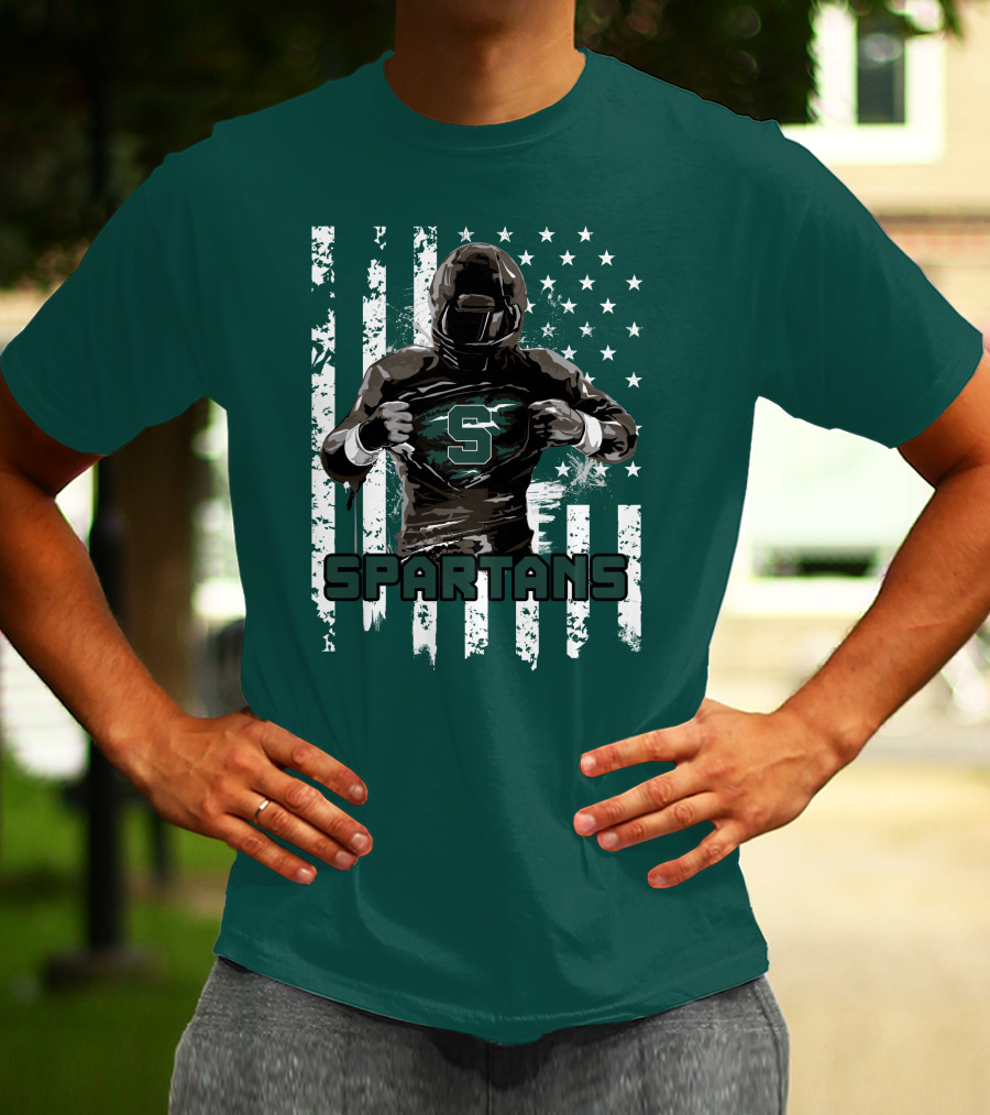 Spartans Player With S Emblem And American Flag Background T-Shirt
