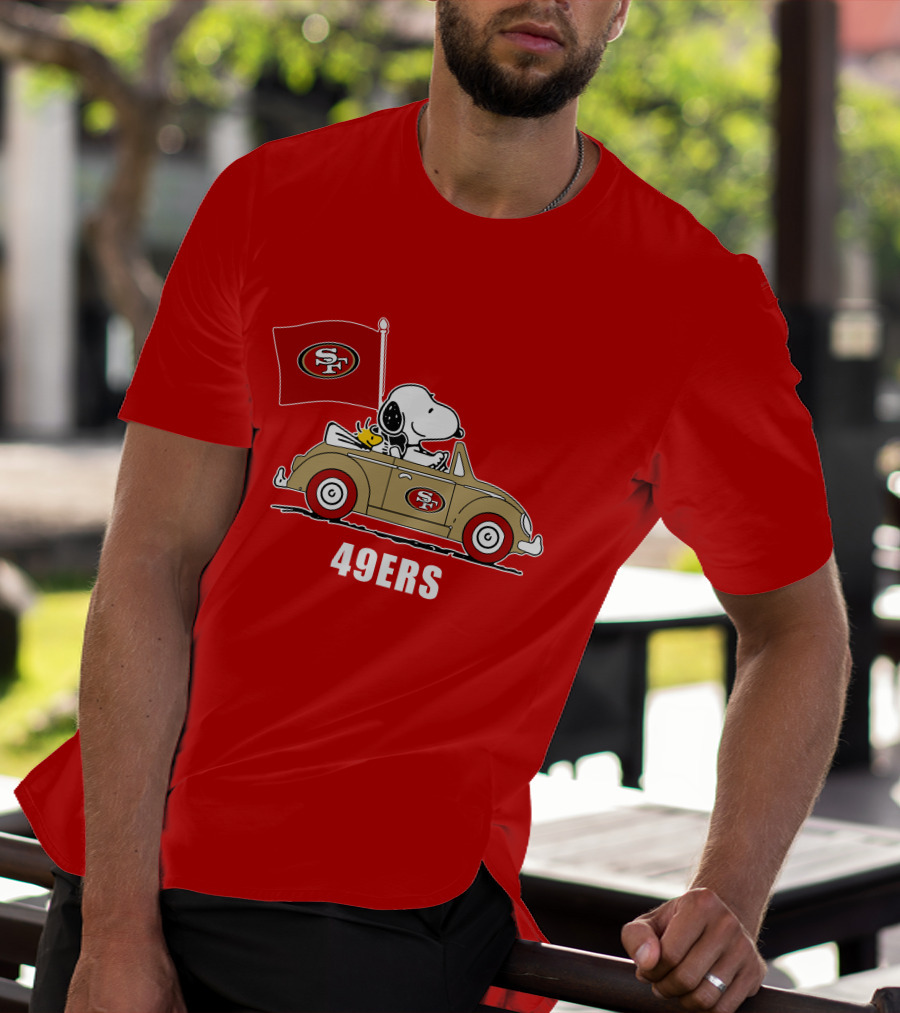 San Francisco 49ers Snoopy Driving Car With Sf Flag T-Shirt