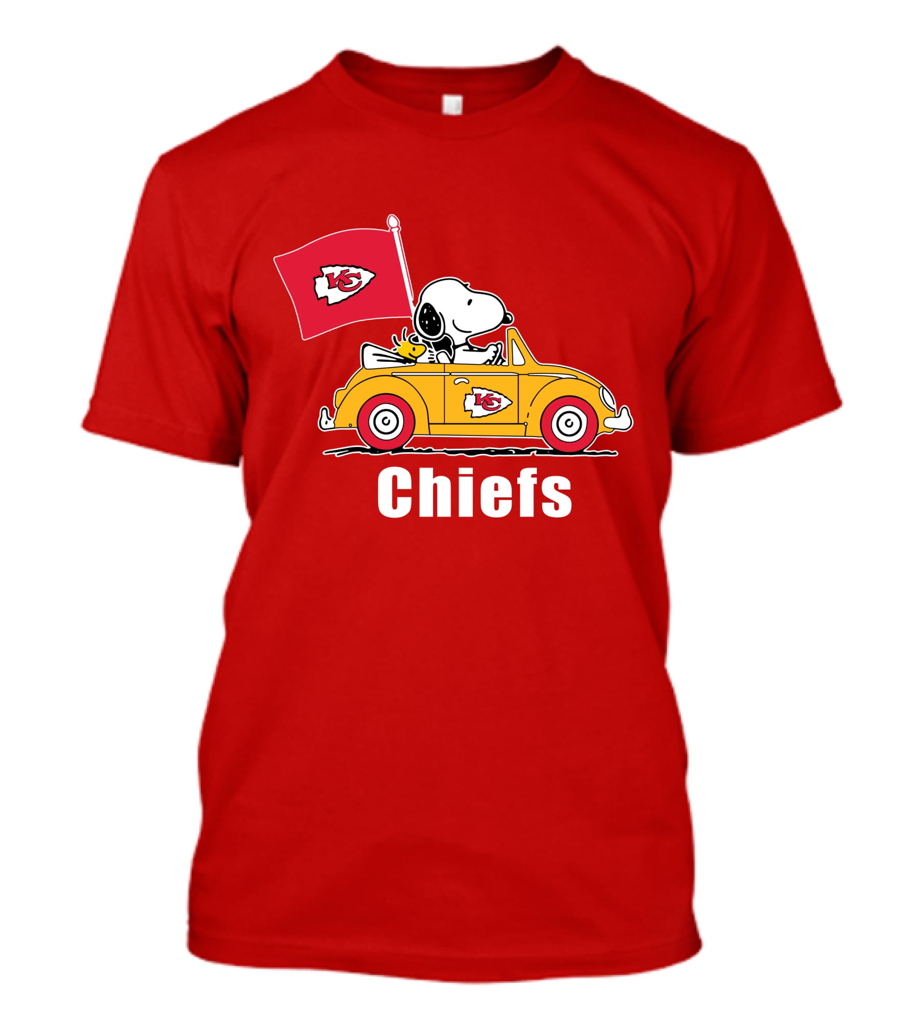 Kansas City Chiefs Snoopy Riding With Woodstock In Yellow Car T-Shirt