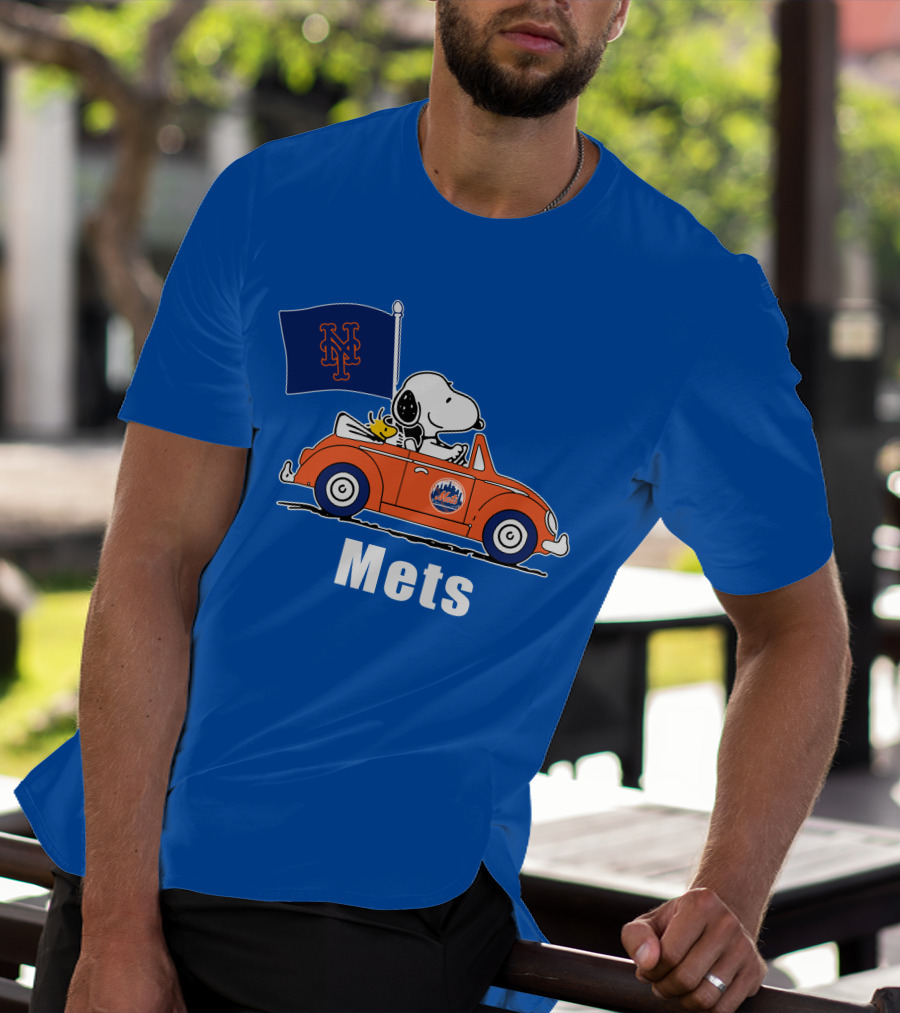 Mets Snoopy Driving With Woodstock And Flag T-Shirt