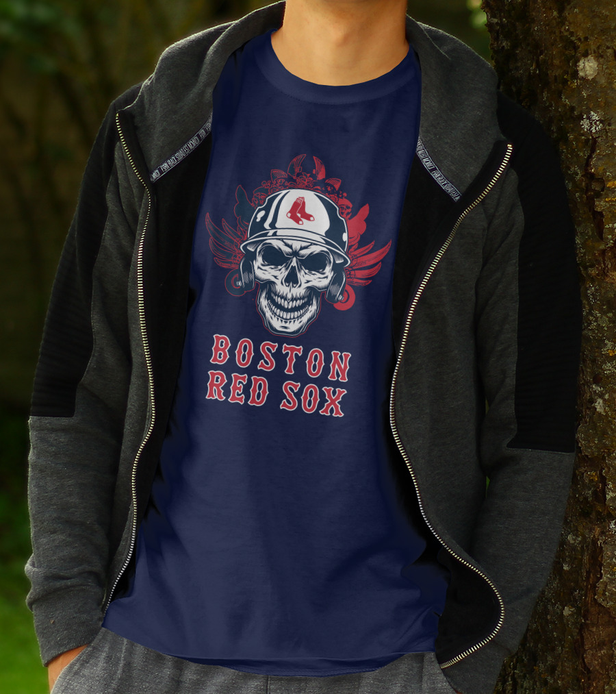 Boston Red Sox Skull With Baseball Helmet And Wings T-Shirt