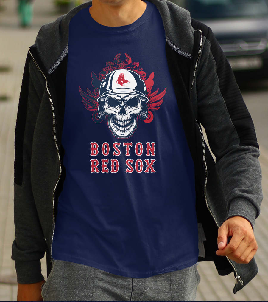 Boston Red Sox Skull With Baseball Helmet And Wings T-Shirt