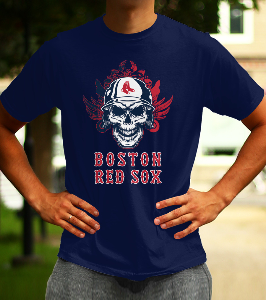 Boston Red Sox Skull With Baseball Helmet And Wings T-Shirt
